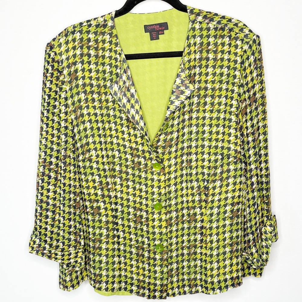 Cynthia Howie Silk Houndstooth Blouse Womens Plus Size 18W Lime Green